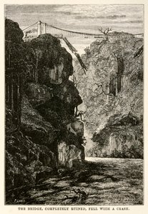 Il ponte, completamente rovinato, cadde con un tonfo, da Il giro del mondo in ottanta giorni di Jules Verne (1828-1905) inciso da Louis, 1873 da Hippolyte Leon after Benett