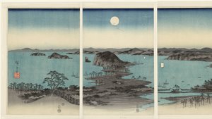Panorama serale sui otto panorami di Kanazawa nella provincia di Musashi (Neve, luna e fiori) da Hiroshige (I) , Utagawa