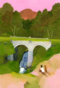 Guardare il ponte con il proprio cane al crepuscolo