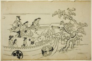 Festa della fioritura con tenda con stemma, dalla serie "Festa della fioritura a Ueno (Ueno hanami no tei)" da Hishikawa Moronobu