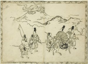 Il viaggio orientale di Narihira, dal libro illustrato "Panorama dei dipinti su schermi e rotoli appesi (Byobu kakemono ekagami)". da Hishikawa Moronobu