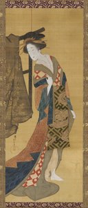 Una cortigiana vicino a un appendiabiti, periodo Edo da Hishikawa Sori