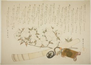 Un ramo di fiori di pesco bianchi, un astuccio di Inro e un flauto Hotchiku da Hishikawa Sori III