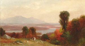 Mucche e pecore che pascolano in un paesaggio fluviale autunnale da Homer Dodge Martin