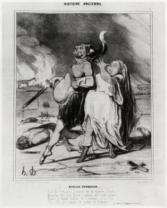 Storia antica: Menelao vincitore, caricatura per illustrare un estratto dall