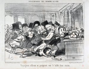 Opera di Honoré Daumier (1808-1879) Charivari del 1852: Serie PHYONOMIES DES CHAIN DE FERR Viaggiatori affamati si precipitano verso il buffet di una stazione MUSEE DES BEAUX ARTS - PALAIS LONGCHAMP, MARSEILLE da Honoré Daumier
