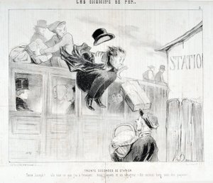 Opera di Honoré Daumier (1808-1879). Charivari del 1843: Serie LES Chemins de fer Trenta secondi di stazione "-Tiens Joseph! vla tutto quello che devo mandarti... tre pacchi e un viaggiatore - Soprattutto cura dei pacchi" MUSEE DES BEAUX ART da Honoré Daumier