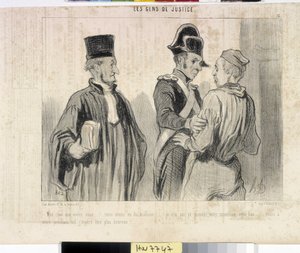 Opera di Honore Daumier (1808-1879) Charivari del 1845: Serie LES PEANS DE JUSTICE. "-Mio caro cosa vuoi... abbiamo avuto sfortuna... non ho potuto provare la tua innocenza questa volta... ma al tuo prossimo volo spero di essere più fortunato." estratto da da Honoré Daumier