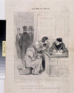 Opera di Honore Daumier (1808-1879) Charivari del 1845: Serie LES PEANS DE JUSTICE. "Devi scrivere una lettera per renderlo tenero? - Assistere a un ufficiale giudiziario! Non sei francese, mio buon uomo?" Dim 37.5x28. Estratto dal giornale Le Charivari da Honoré Daumier