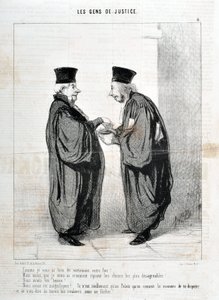 Opera di Honoré Daumier (1808-1879). Charivari del 1845: Serie LES PEOPLES DE JUSTICE -Come ti ho detto veramente il tuo fatto! Eravamo belli. Eravamo belli!... è davvero solo nel Palazzo che sappiamo come discutere e parlarne da Honoré Daumier