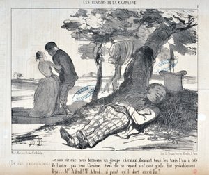 Opera di Honore Daumier (1808-1879) Charivari del 1853: Serie LES PLAISIRS DE LA CAMPAGNE "Sono sicuro che formiamo un gruppo affascinante, tutti e tre uno accanto all
