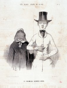 Vignetta sulla coppia: Serie "I bei giorni della vita": "Il primo appuntamento". Incisione di Honoré Daumier (1808-1879). Estratto dal giornale "Le Charivari", 2-3 gennaio da Honoré Daumier
