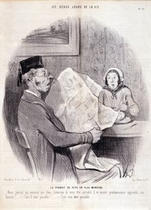 Cartone animato sulla stampa. Serie "I bei giorni della vita": "Il formato sempre più mostruoso...". Incisione di Honore DAUMIER (1808-1879). Estratto dal giornale "Le Charivari" del 18 ottobre