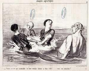 Cartone animato sui turisti in vacanza al mare. Serie “Les Bains de Mer”: “Schizzo acquatico. Vediamo, non è ragionevole agitarsi così nell