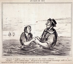Cartone animato sui turisti in vacanza. Serie “aux Bains de Mer”: “Monsieur le bathneur... è vero che ci sono squali a Dieppe?...” Incisione di Honoré Daumier. Estratto dal giornale “Le Charivari” 8 giugno