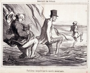 Vignetta sui turisti in vacanza. Serie "Ax Bains de Mer": "Emozioni di viaggio. Parigino sorpreso dalla marea crescente". Incisione di Honoré Daumier (1808-1879). Estratto dal giornale "Le Charivari" 8 ottobre