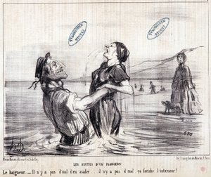 Vignetta sui turisti in vacanza. Serie "Les Bains de Mer": "Schizzo acquatico. Le sequenze di un tuffo". Incisione di Honoré Daumier (1808-1879). Estratto dal giornale "Le Charivari" nel 1853. da Honoré Daumier