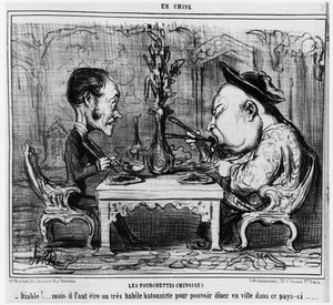Forchette cinesi: "Diavolo! ma devi essere un abile bastonista per poter cenare in città in questo paese. ", nella serie En Chine, illustrazione di Honore Daumier (1808-1879), pubblicata in "Charivari" da Honoré Daumier