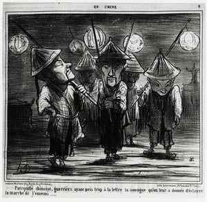Pattuglia cinese, guerrieri che hanno preso troppo alla lettera le istruzioni che gli erano state date per illuminare la marcia del nemico. Nella serie En Chine, illustrazione di Honore Daumier (1808-1879), pubblicata in "Charivari", datata 25 gennaio da Honoré Daumier