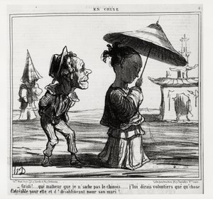 Cristo! Non so parlare cinese... Le dirò volentieri qualcosa di piacevole per lei e disobbligante per suo marito!... Nella serie En Chine, illustrazione di Honore Daumier (1808-1879), pubblicata in "Charivari", datata 12 gennaio