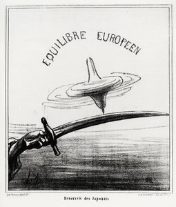 Equilibrio europeo: Rinascita giapponese. Subito dopo il ripristino del regime imperiale in Giappone, a seguito delle dimissioni dello shogunato Tokugawa nel novembre 1867. Illustrazione di Honoré Daumier (1808-1879), pubblicata nelle notizie, "Charivari", da Honoré Daumier