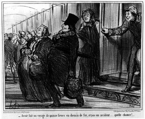 Dopo aver costruito una ferrovia di quindici miglia, e senza incidenti... che occasione!... : da "Actualites", serie di caricature sulle ferrovie di Honore Daumier. "Charivari" da Honoré Daumier