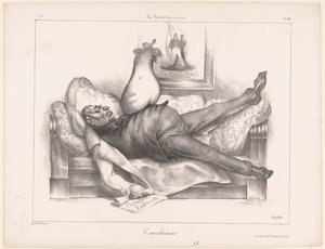 Karikatuur van Gilbert du Motier, markies de la Fayette, tijdens een nachtmerrie da Honoré Daumier