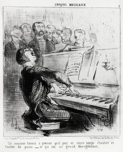 Schizzi musicali: un gentiluomo che vuole dimostrare di poter cantare e suonare il pianoforte allo stesso tempo, il che è molto disdicevole. Illustrazione di Honore Daumier (1808-1879), pubblicata in "Charivari", data 17 febbraio 1852.