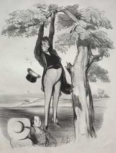 Pastorali, tavola 2: I pericoli di scuotere un albero di prugne troppo vigorosamente..., 1845 da Honoré Daumier