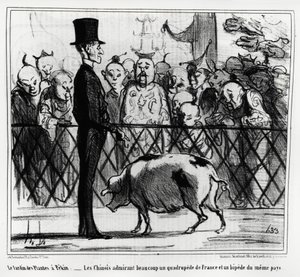 Il giardino delle piante a Pechino: i cinesi ammirano un quadrupede di Francia e un bipede dello stesso paese (illustrazione di Honoré Daumier, pubblicata in Charivari, Cina Attualità)