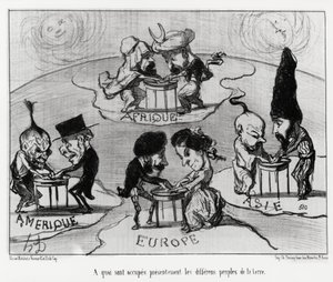 Tavoli rotanti (fluidomania): cosa stanno facendo attualmente i diversi popoli della terra. Illustrazione di Honore Daumier (1808-1879), pubblicata nelle notizie, "Charivari", datata 22 giugno da Honoré Daumier