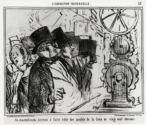 Esposizione universale: un giradischi, progettato per arrostire polli con la forza di ventinove cavalli. Illustrazione di Honore Daumier (1808-1879), pubblicata nelle notizie, “Charivari”, datata 20 luglio 1855. da Honoré Daumier