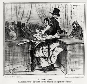 Esposizione universale: il tornello: una nuova macchina inventata da un nemico delle sottogonne a crinolina. Illustrazione di Honore Daumier (1808-1879), pubblicata nelle notizie, "Charivari", datata 26 giugno 1855 da Honoré Daumier
