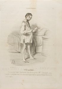 (Legge una lettera) "Un appuntamento, potrebbe essere della simpatica Mme Giraud Sì, ma potrebbe anche essere di suo marito che vuole darmi un pizzicotto...", piatto 8 da Coquetterie da Honoré Victorin Daumier