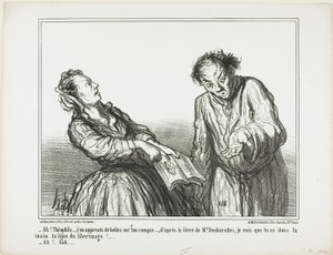 "- Ah, Théophile, che cose orrende leggo su di te. Secondo il libro del signor Desbarolles, posso dire che hai nel palmo della mano le linee di un libertinaggio!... - Oh, beh...", tavola 1 da Ces Bons Parisiens da Honoré Victorin Daumier