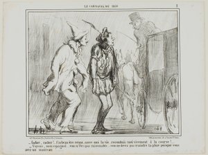 "- Autista, autista, non potete respingermi, dovete salvarmi la vita... riportarmi alle corse vivo! - Ma suvvia, spagnolo... sii ragionevole... non devi temere la pioggia, visto che indossi un cappotto!...", tavola 2 da Le Carnaval De 1858 da Honoré Victorin Daumier