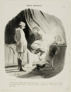"- Eh! mia Didine, abbiamo ballato abbastanza - Oh, non se ne parli più, sono completamente esausta - Allora si tolga le calze e vada a letto! - Santo cielo, no... davvero, sono troppo stanca!", tav. 56 da Moeurs Conjugales da Honoré Victorin Daumier