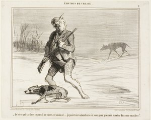 "- Mi chiedo perché questa bestia mi segua sempre... Pagherò volentieri 6 sous per saltare su un autobus", piatto 1 da Émotions de Chasse da Honoré Victorin Daumier