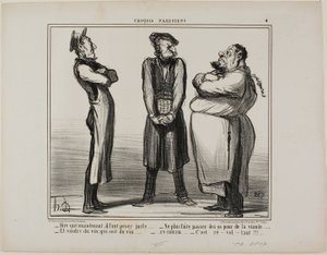 "- Incredibile... ma ora dobbiamo indicare il peso esatto! - e non possiamo più vendere ossa per carne - e il vino deve essere davvero vino! - tutto insieme ora: È DISGUSTOSO!", piatto 4 da Croquis Parisiens da Honoré Victorin Daumier