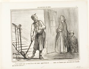 "- È inutile mostrarvi il mio appartamento. Non affittiamo a madri con bambini", piatto 1 di Les Portiers De Paris. da Honoré Victorin Daumier