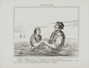 "- Mr.Lifeguard.... è vero che ci sono squali a Dieppe - Certo... ma è abbastanza semplice... appena ne vedi uno che viene a mangiarti, non devi far altro che sdraiarti di lato. Non vi mangerà per paura di morire soffocati", piatto 1 da Aus Bains D