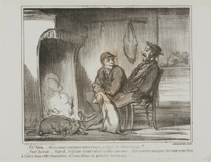 "E adesso Continueremo a cacciare durante la pioggia - Assolutamente no! Gli animali hanno paura della pioggia quanto noi. Potrebbero non essere in grado di trovare questo riparo e finiremmo per perderne troppi!", tav. 5 da Croquis De Chasse da Honoré Victorin Daumier