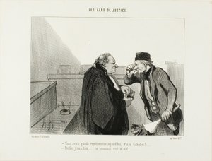 "- Dovrebbe essere una grande performance oggi, signor Galuchet... - Credo di sì... Un caso di omicidio con uno stupro in mezzo...", piatto 31 di Les Gens De Justice. da Honoré Victorin Daumier