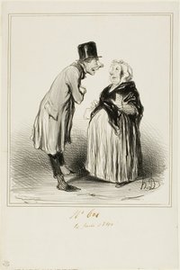 "- Ebbene sì, è vero, la figlia di Mame Chopin si è sposata ieri con il figlio di Durand. Ho appena parlato con il giovane e da quello che mi ha detto (in piena confidenza), lei deve averne avuti di strani prima di lui...", tavola 6 da Les Parisiens da Honoré Victorin Daumier