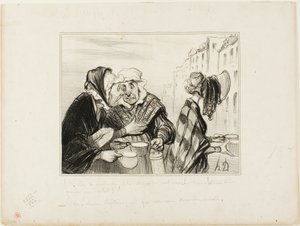 "- Che confusione sta facendo questa faccia acida del quinto piano! Indossare un cappello solo per comprare due tazze di latte per un sou! - Oh, Madame Capitaine, non siamo forse stravaganti oggi...", piatto 36 Tipi Parigini