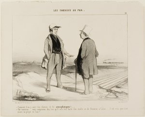 "- Come sarebbe a dire che presto ci saranno treni aerei - Ma certo, Monsieur... vede, sarà poi molto facile stabilire un collegamento tra Dover e Calais... ma naturalmente il progetto è ancora sospeso in aria", piatto 14 da The Railr da Honoré Victorin Daumier