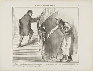 "- Vi prego di tornare immediatamente... Non permetto ai miei inquilini di ricevere visite una volta che ho pulito le scale", targhetta 1 da Messieurs Les Concierges da Honoré Victorin Daumier