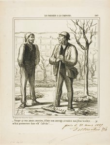 "- Sembra che ti piaccia fare il mio lavoro. In cambio potrei offrirmi di fare il tuo lavoro: Andrò a fare un giro nella tua carrozza!", piatto 249 da Les Parisiens A La Campagne da Honoré Victorin Daumier
