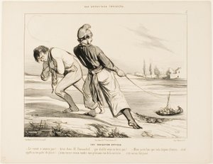 Una navigazione difficile. "- La barca non si muove! Tira Dumouchel, tira.... perché diavolo non tiri! - Ma non sto facendo altro che questo da tre ore! .... e questo si chiama viaggio di piacere! Preferisco vendere le mie prugne in rue de la Verrer. da Honoré Victorin Daumier