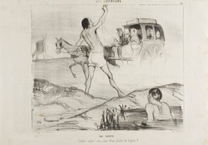Uno scherzo pratico. "Autista! Autista! Avete ancora due posti nella sezione dei conigli", piatto 24 di Les Baigneurs. da Honoré Victorin Daumier